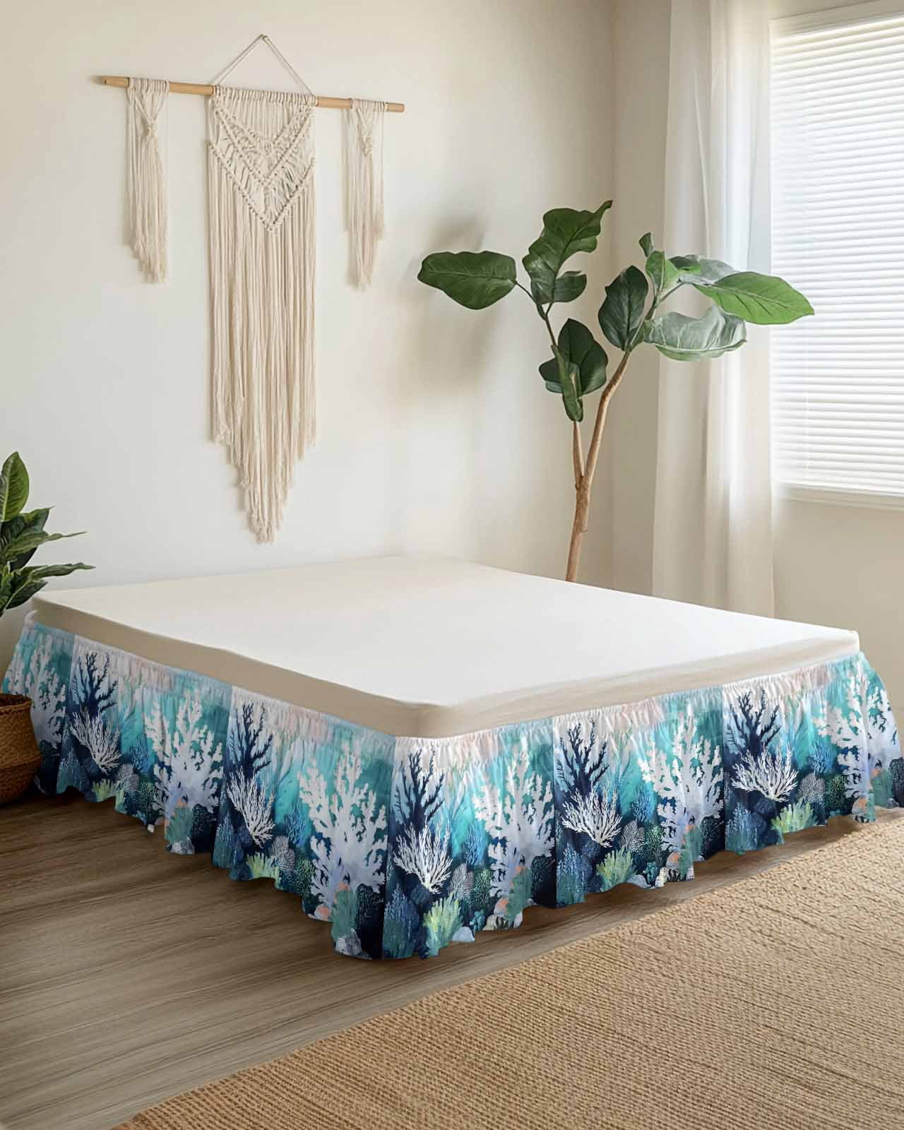 Coastal Ocean Wrap Around Bed Skirts for Queen Bed 16" Drop, Bed Skirt with Adjustable Elastic Belt Dust Ruffle Bed Valance for Bedroom Hotel Luxury Summer Vintage Colorful Coral Bed Frame Cover