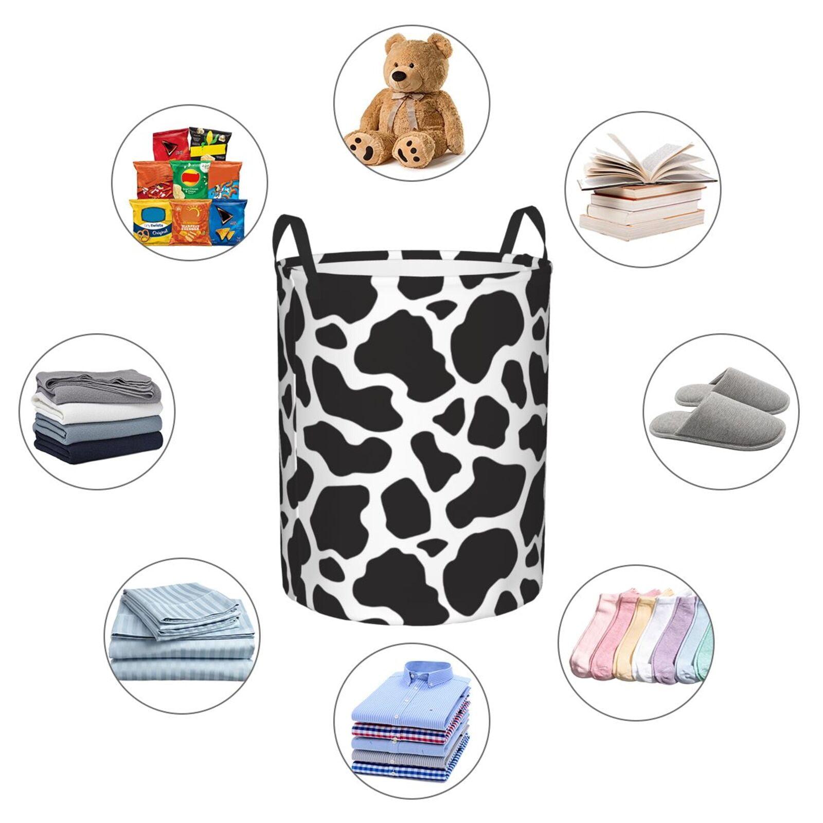 Large Laundry Basket with Handles - Black White Cow Print pattern Kids Baby Dirty Clothes Laundry Hamper for Bedroom Aesthetic