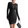 thumbnail image 3 of Women'S Solid Color Round Neck Mesh Insert Chest Detail Long Sleeve Bodycon Slim Dress Black L, 3 of 9