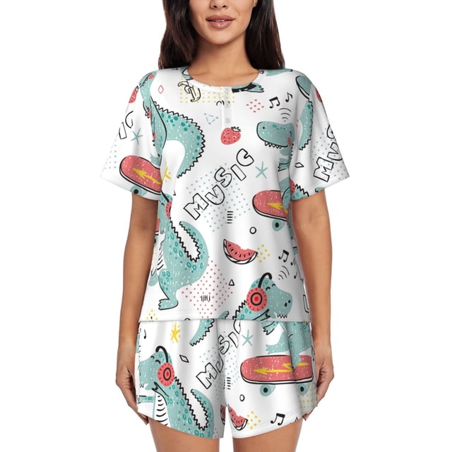 Balery Music Lover Dinosaur Conjunto de Pijama para Mujer con Estampado, Dos Piezas de Manga Corta y Shorts, Ropa de Dormir Suave con Cuello Redondo y Bolsillos-Large