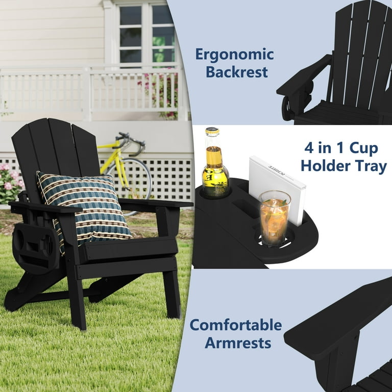 FOOWIN Folding HDPE Adirondack Chair, Black, 4-in-1 Cup Holder