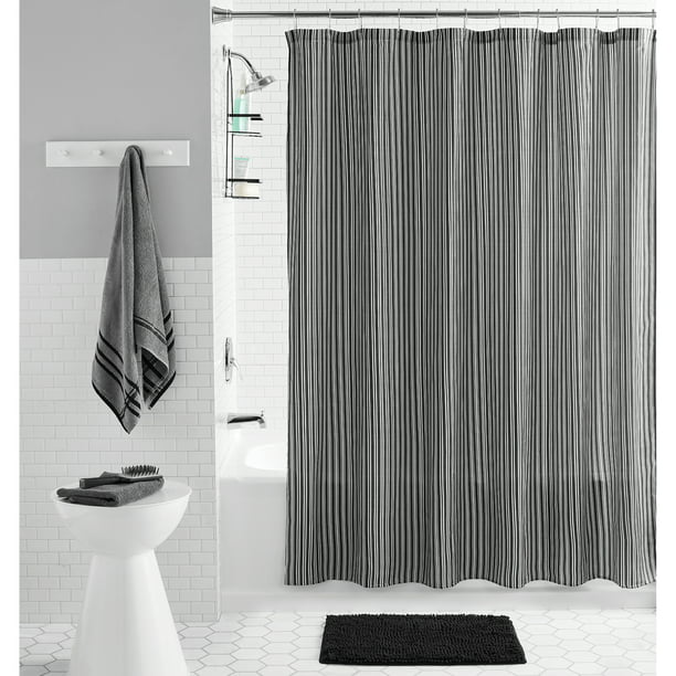 Stripe Polyester Shower Curtain, Mainstays Shower Curtain Set With Bath Rugs