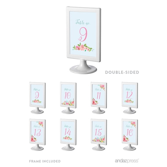 Wedding Pink Roses English Tea Party, 4 x 6-inch Framed Table Numbers 9-16, Double-Sided