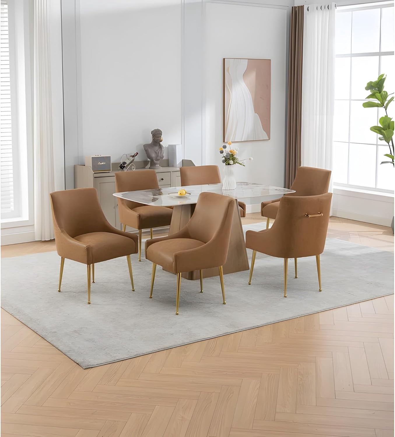 SEYNAR Modern Glam PU Leather Dining Chair or Vanity Chair Set of 2 with Rear Handle(Brown)