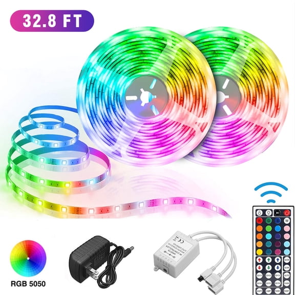 32.8ft LED Strip Lights, RGB 5050 LED Strips with Remote Controller, Color Changing Tape Light with 12V Listed Adapter for Bedroom, Room, Kitchen