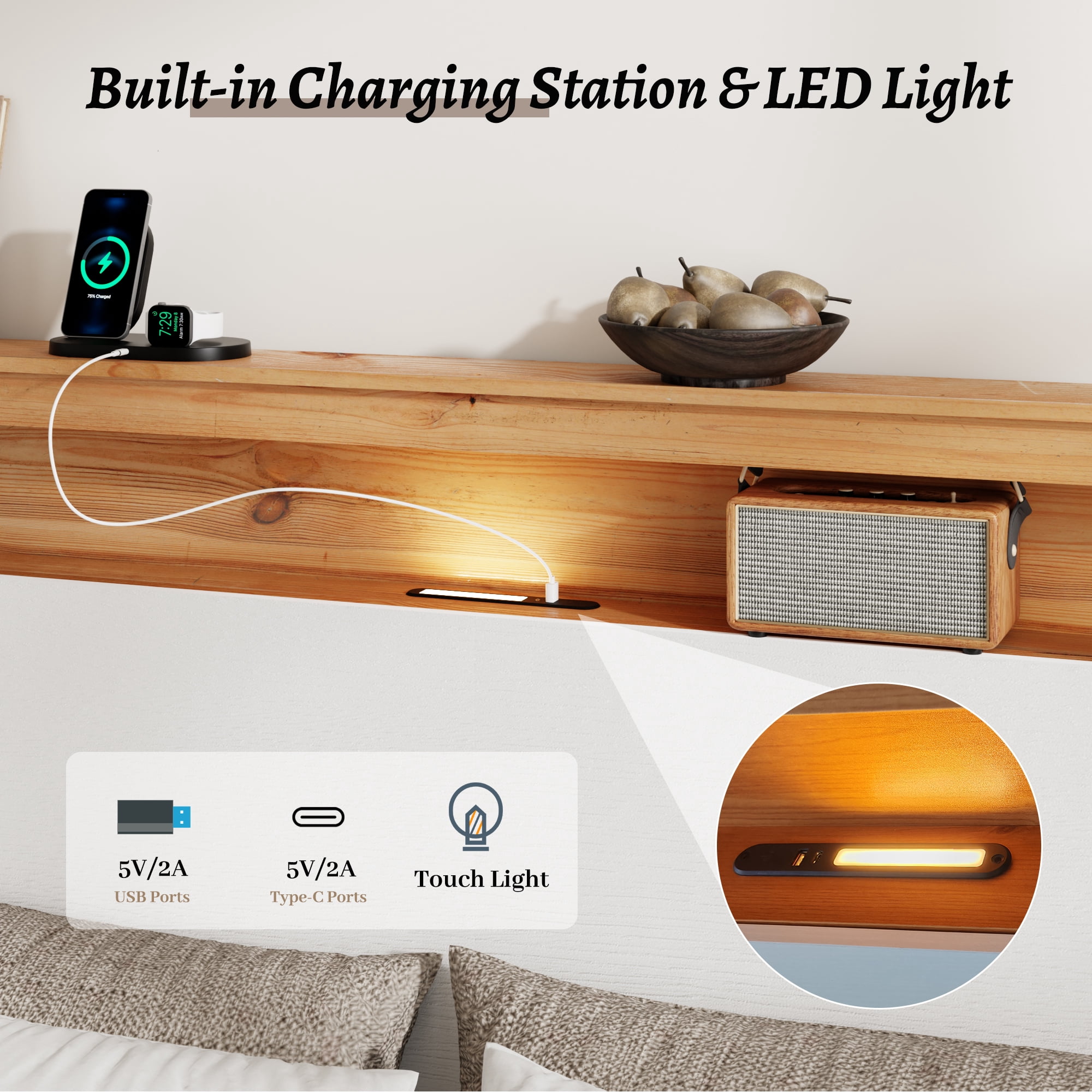Queen Size Farmhouse Bed Frame with Storage Headboard, Wooden Platform Bed with Charging Station & LED Lights, Strong Metal Slats Support, No Box Spring Needed, White Oak Finish