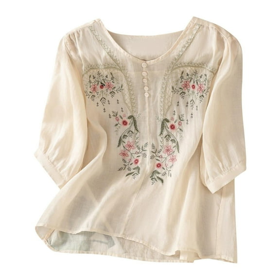 Holzkary Embroidered Tops for Women Embroidered Tops Cotton Linen Shirts Ethnic Style Tee 3/4 Sleeve V Neck Tshirt Summer Boho Tops Casual Half Sleeve Blouses Floral Shirt Vacation Clothes Beige 4Xl