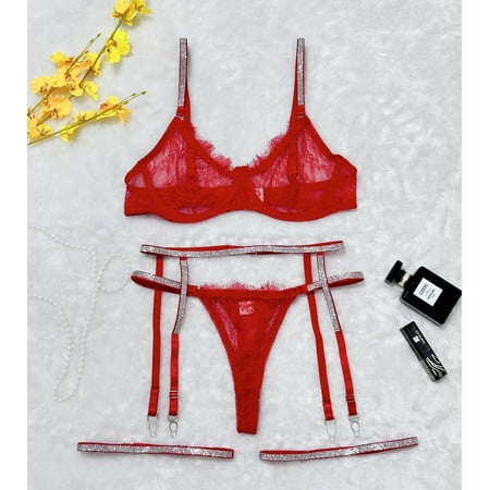 Generic Hot Sexy Lingerie Lace Hot Rhinestone Sexy See-through T-Back Garter 4 PCs Set