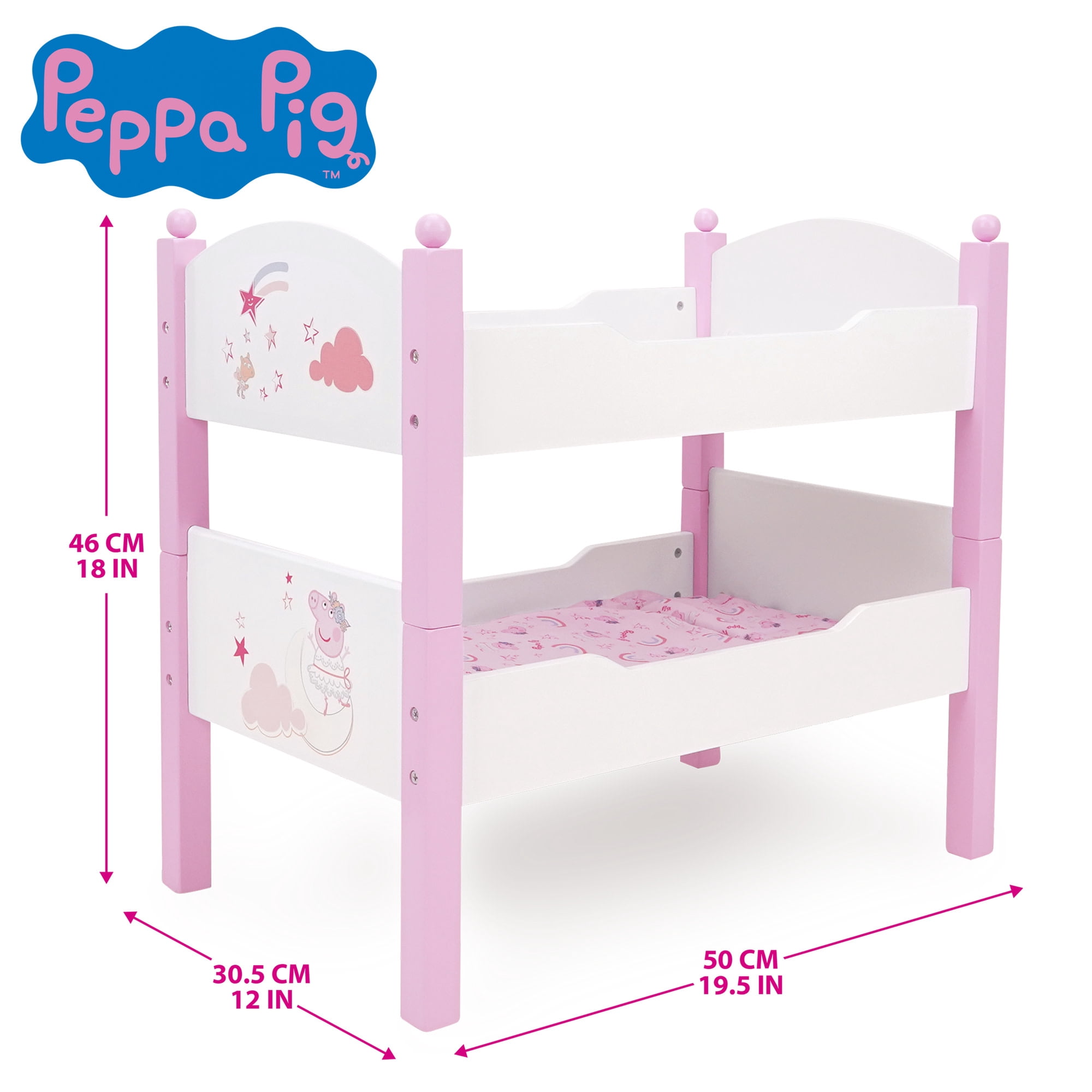 509 Crew: Peppa Pig - Wooden Doll Bunk Bed - Pink & White, Convertible to Single Beds, Blankets & Pillows, Doll & Plush Sleep Accessory Toy, Kids 3+