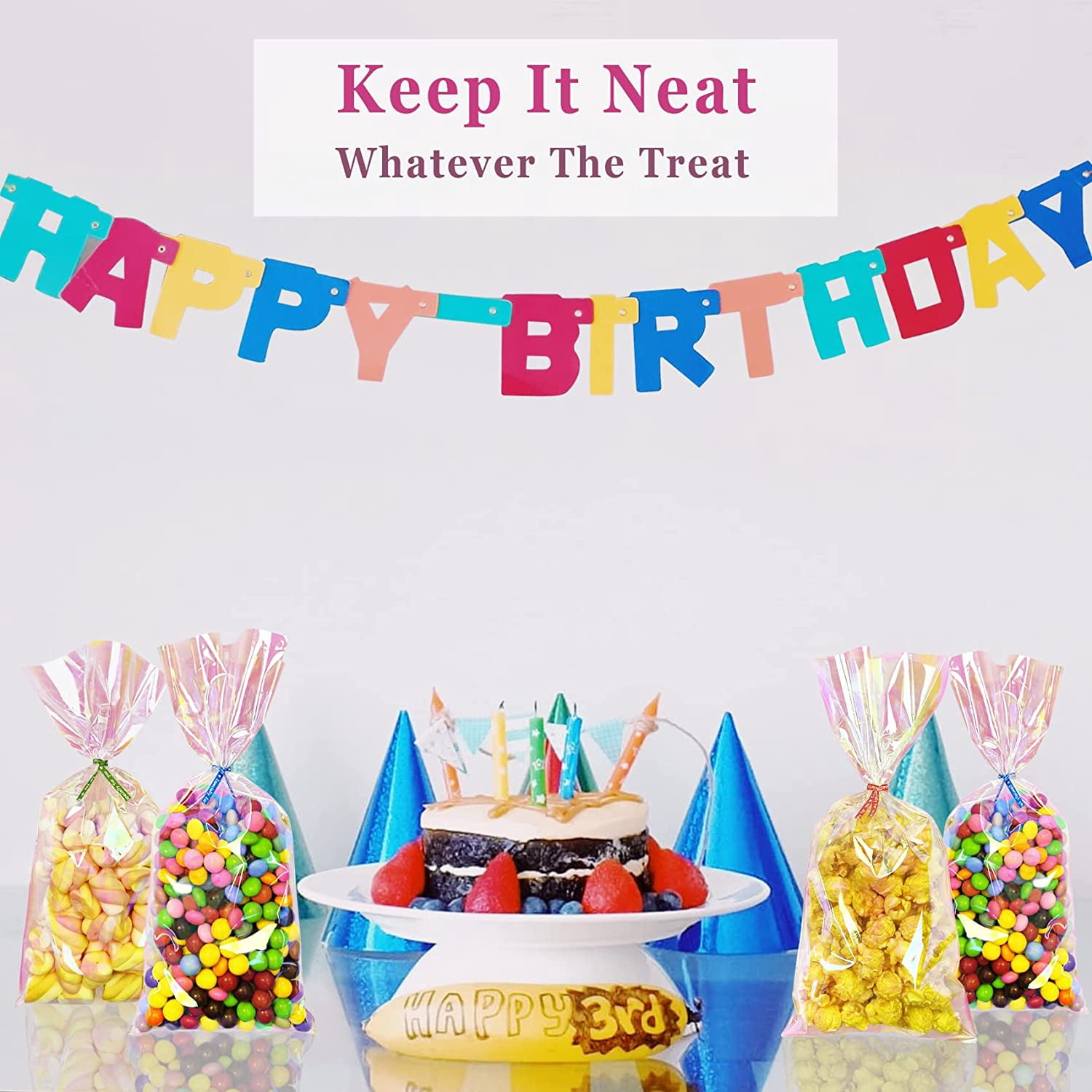 Yotelab Iridescent Holographic Cellophane Treat Bags, 5x11 Inches, Party Favors with Twist Ties, 100 Pieces