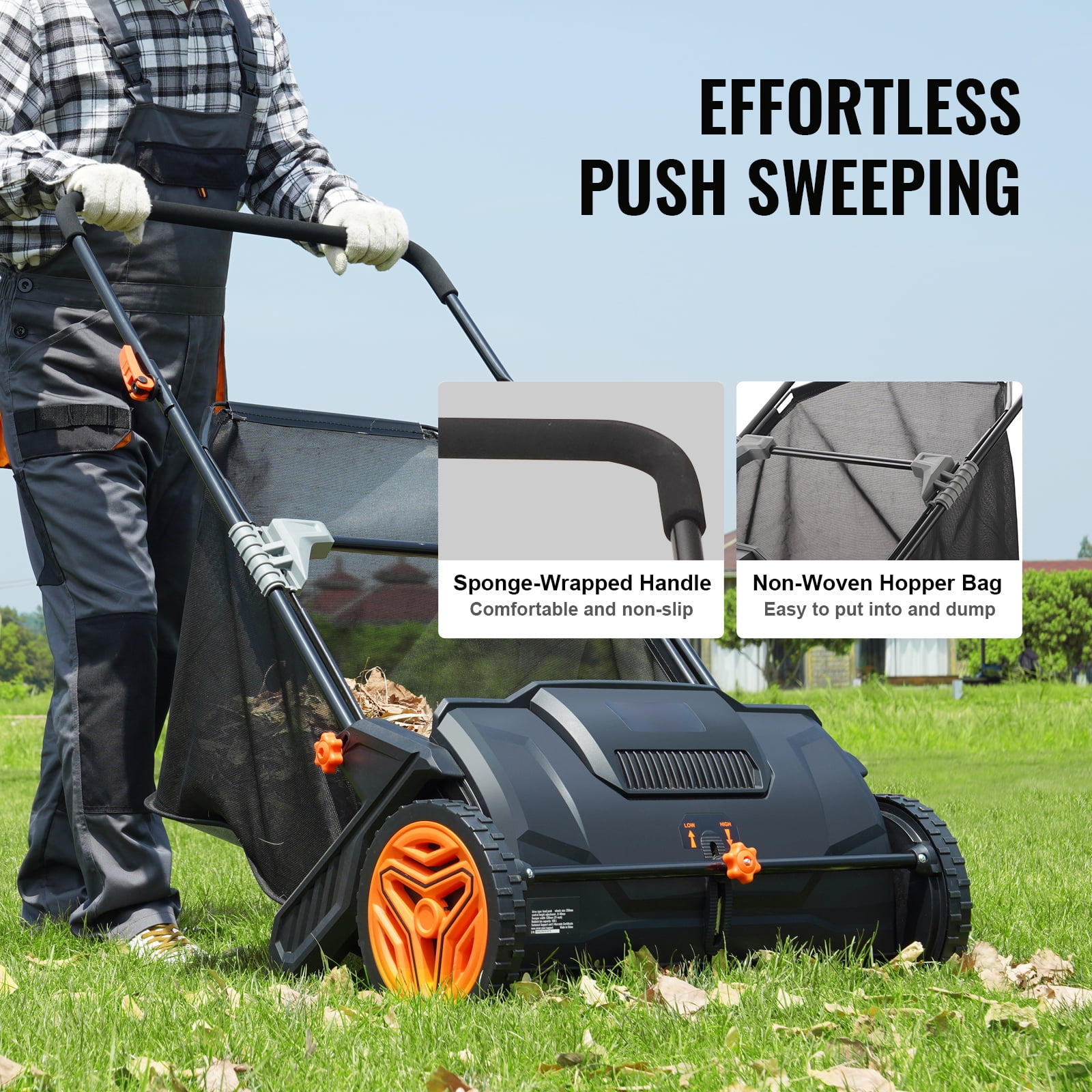 KFFKFF Lawn Sweeper, 21-inch Collector for Leaves & Grass, Robust Wheels & Reinforced Steel Construction, Large 3.5 cu. ft. Mesh Bag for Collection, Equipped with 2 Rotating Brushes