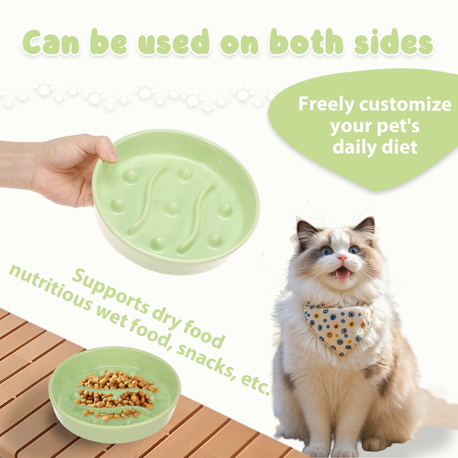 2 Pcs Cat Slow Feeder Bowl Smooth Ceramic Cat Food Bowl Slow Feeder with Nonslip Bottom，Keeps Pets Busy and Prevents Puppy Overeating