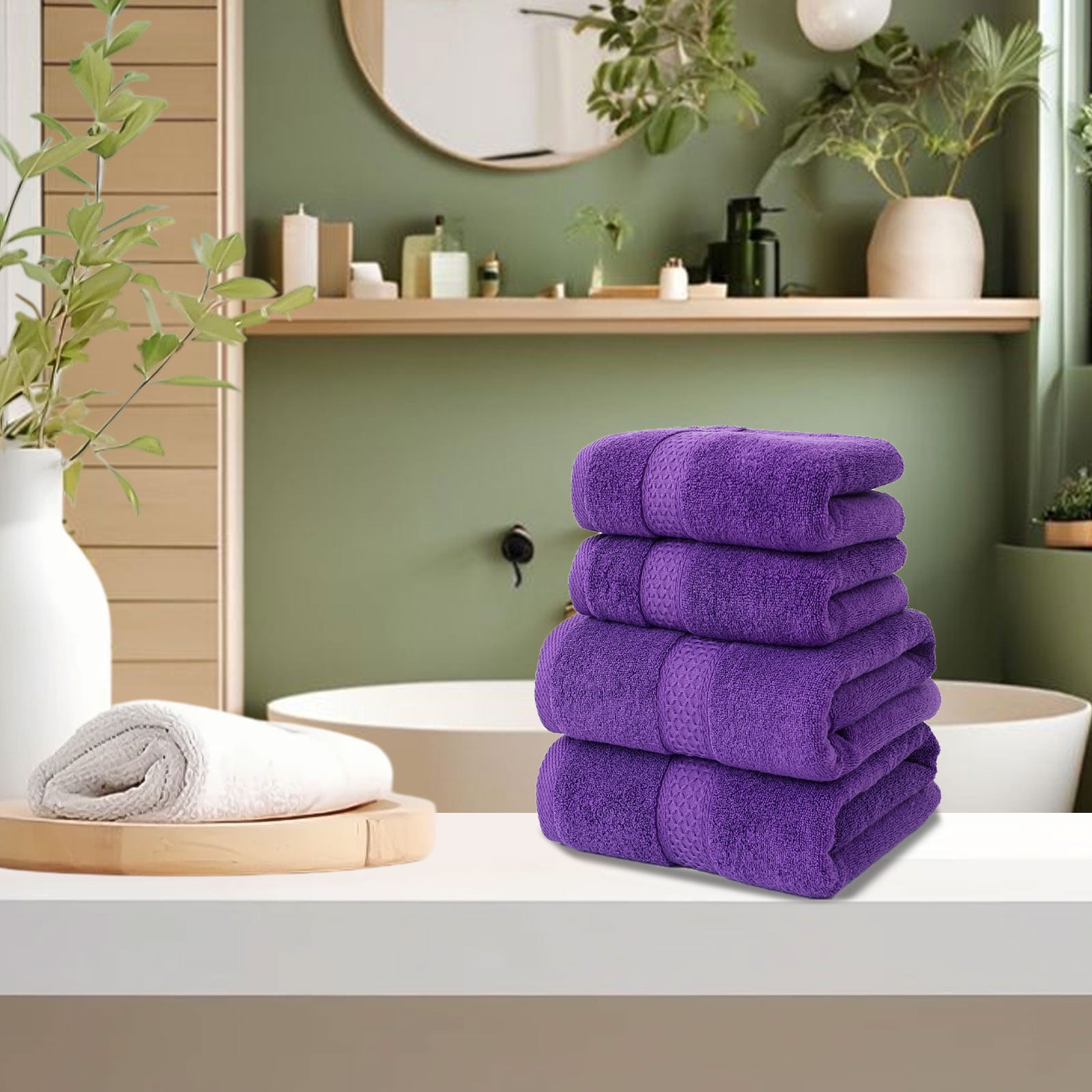 Elainilye Cotton Towels for Bathroom, 4-Pack Ultra Soft & Absorbent Towel - Includes 2 Hand Towels, 2 Bath Towels for Bathroom Spa Hotel Home Use, Purple
