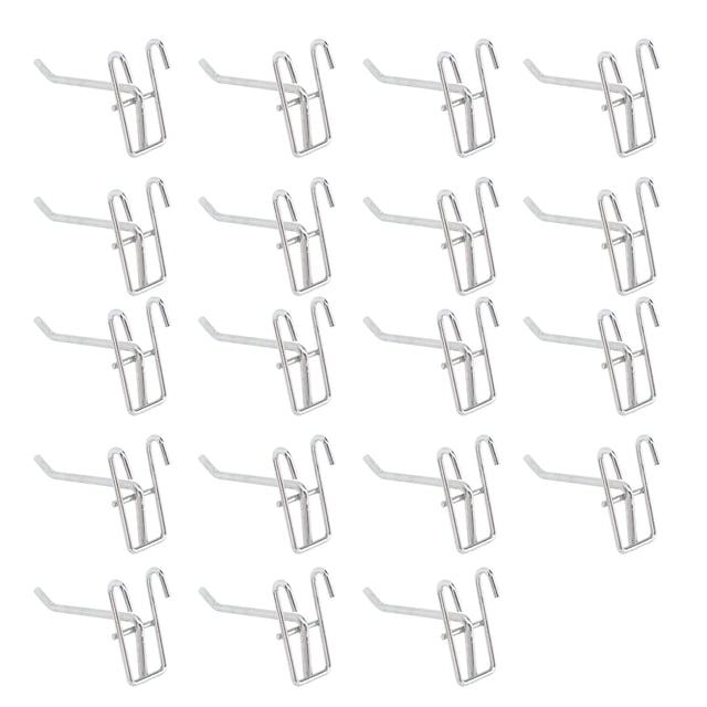 15 uds. ganchos de clavija para pared de rejilla, juego de 15 ganchos de exhibición en acero inoxidable plateado con doble brazo y soporte rectangular, patrón repetido sobre fondo blanco, diseñados para panel de rejilla y gancho para panel de ranura; adecuados para tiendas, talleres y uso en estantes de exhibición.