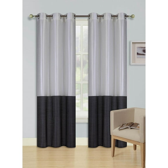 2pc IVORY BLACK Faux HEIDI Silk Drape Panel Top Chrome Metallic Grommet Window Curtain Treatment Drape 2 Shade 37 wide x 63 length