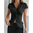 thumbnail image 3 of Women'S Ruched Button Up Blouses Collar V Neck Short Sleeve Work Shirts Black S, 3 of 5