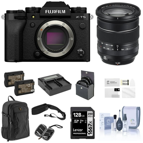 Fujifilm X-T5 Mirrorless Camera, Black with XF 16-80mm f/4.0 R OIS WR Lens, 128GB SD Card, Backpack, 2x Battery, Dual Charger, 72mm Filter Kit, Screen Protector, and Accessories