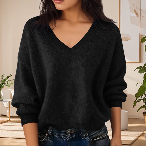 Mrmaere Women's V Neck Batwing Sleeve Oversized Knit Sweater for Comfortable Loungewear and Layering Black L