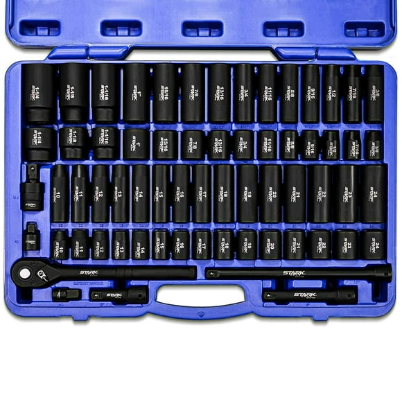 Stark USA Elite 1/2" Drive Master Impact Socket Set, 65-Piece Deep & Shallow Socket Assortment SAE (3/8" to 1 1/4") & Metric(10mm to 24mm) Adapters + Ratchet Handle Included