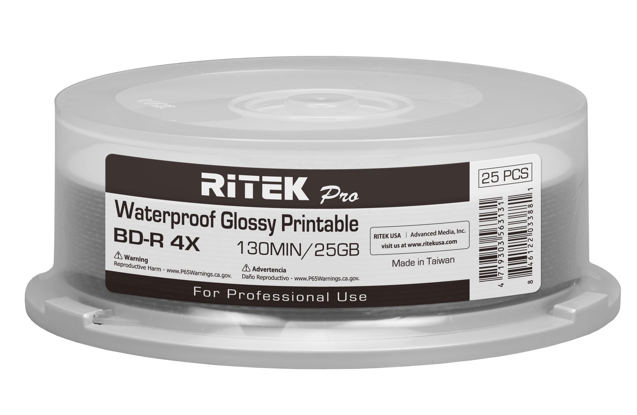 50 Pack Ritek Pro (Professional Grade) BD-R Blu-ray 4X 25GB Watershield Water Resistant Glossy White Inkjet Hub Printable Blank Recordable Disc