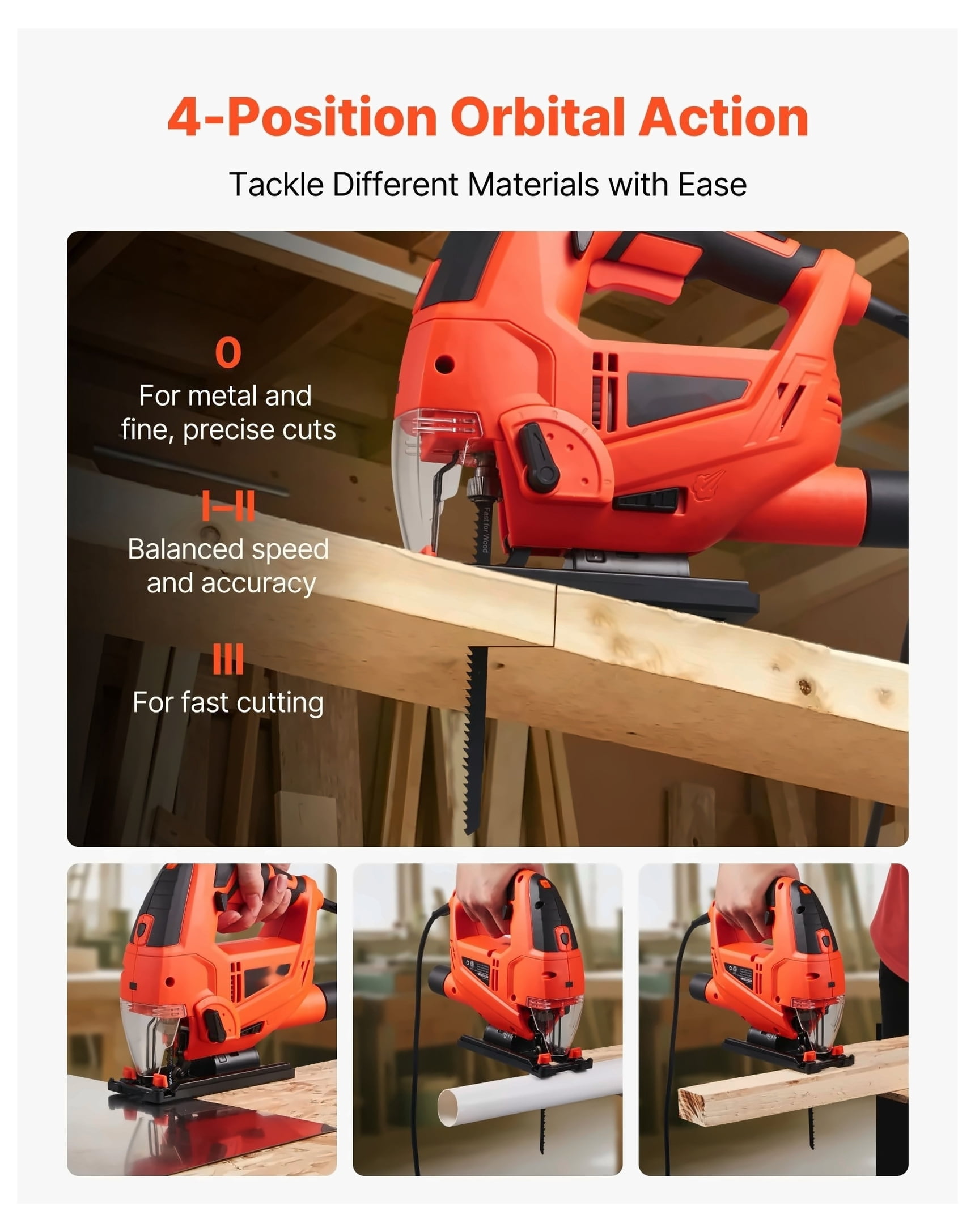 Jig Saw, 6.5 Amp, 3000 SPM Blade Speed, Electric Jigsaw with 6 pcs Blades, LED Light, 6 Variable Speed, 0- 45° Bevel Cuts, 4 Orbital Settings for Straight/Circle Cutting, for Wood and Metal