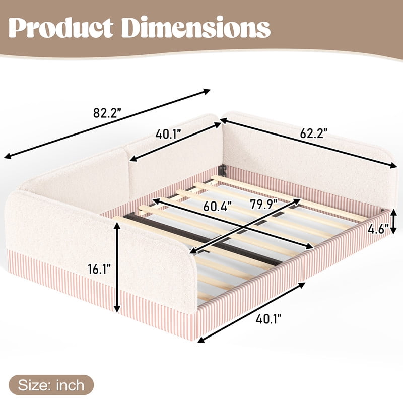 Queen Size Upholstered Floor Daybed Frame for Kids, Half-Enclosed Montessori Platform Bed with 3-Sided Surrounding Guardrails