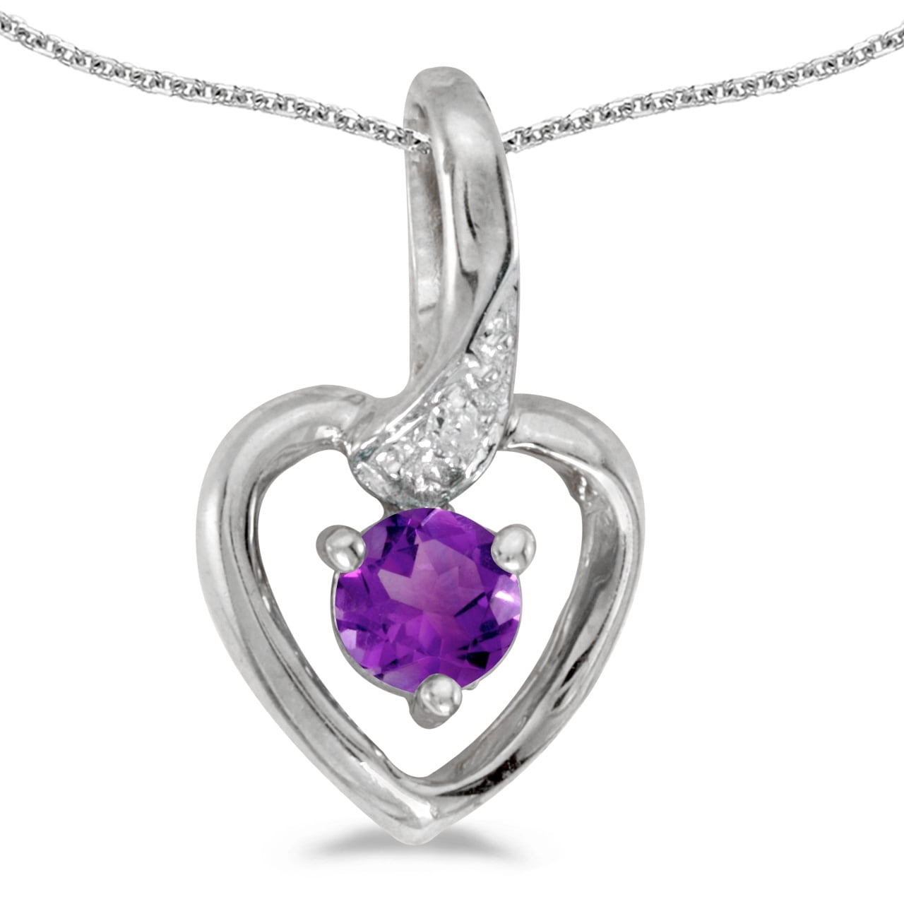 10k White Gold Round Amethyst And Diamond Heart Pendant with 18" Chain by