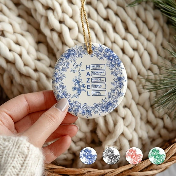 Toile de Jouy Ceramic Ornament – Personalized Christian Christmas Keepsake, French Country Holiday Décor