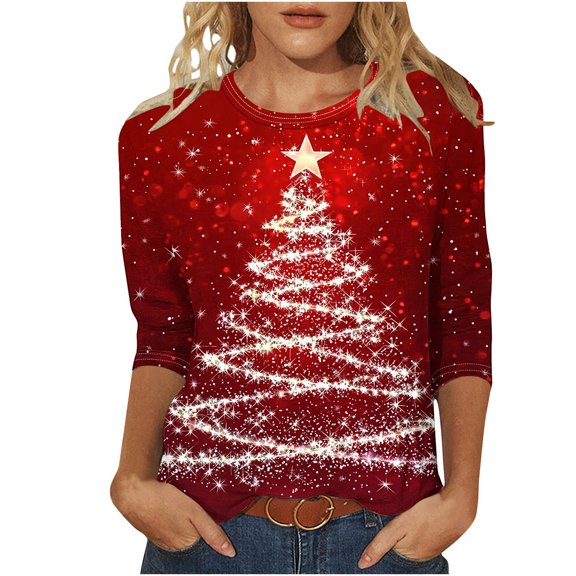 Feancey Christmas Party Tops Women Dressy Casual 3/4 Sleeve Crewneck Tees Trendy Xmas Tree Print Plus Size Blouse Holiday Novelty T Shirts Red M