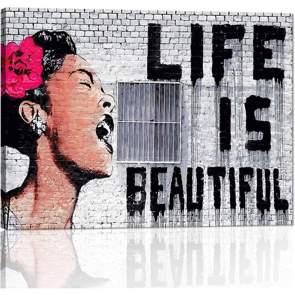 WFSposter-Graffiti Street Canvas Wall Art Life is Beautiful Motivational Poster Graffiti Women Painting Colorful Artwork Pop Art Modern Framed Art for Living Room Bedroom