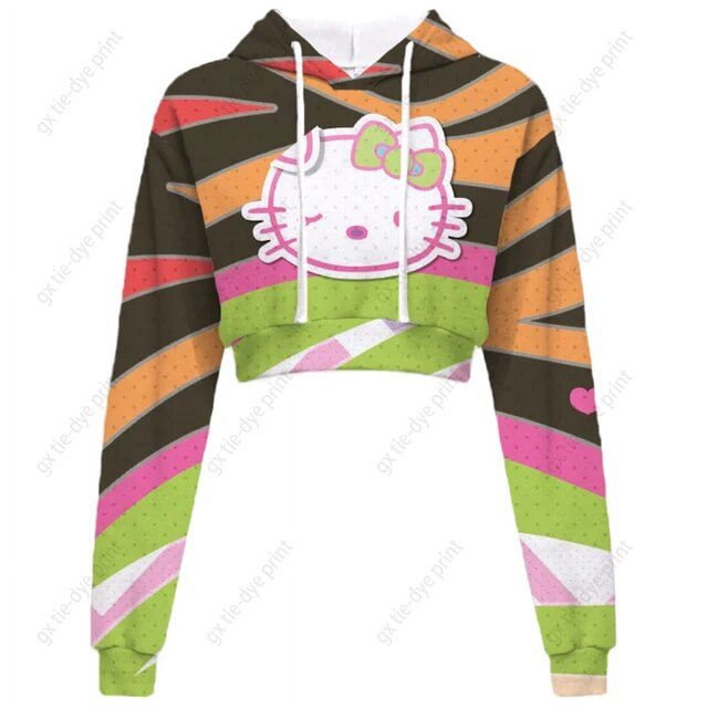 Chandail à Capuchon Imprimé Hello Kitty pour Femmes, Hauts Courts Kawaii Imprimés Harajuku, Sweat Court à Col Rond pour Femmes Harajuku