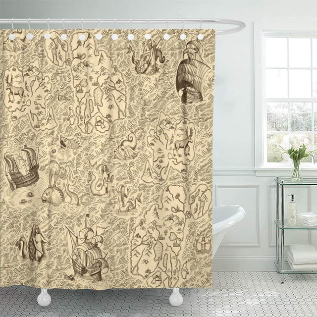 ABPHQTO Histórico Antiguo Mapa Vintage Islas Barcos Monstruos y Sirenas Retro Cortina de Ducha 150x180 cm