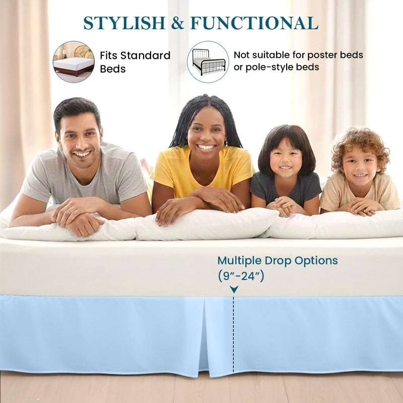 QUEEN Tailored Style Bed Skirt, 16" Drop Length, Soft 100% Microfiber, Quadruple Pleated Tailored Design, Hotel Quality, Light-Blue Solid