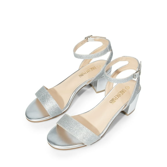 BURUDANI Women's Open Toe Ankle Strap Low Block Chunky Heels Sandals Party Dress Pumps Shoes SILVER/GLITTER Size 7