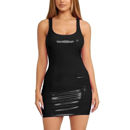 Dpytoraw Fashion Women Solid U Neck Sleeveless Leather Mini Bag Night Club Dress Black