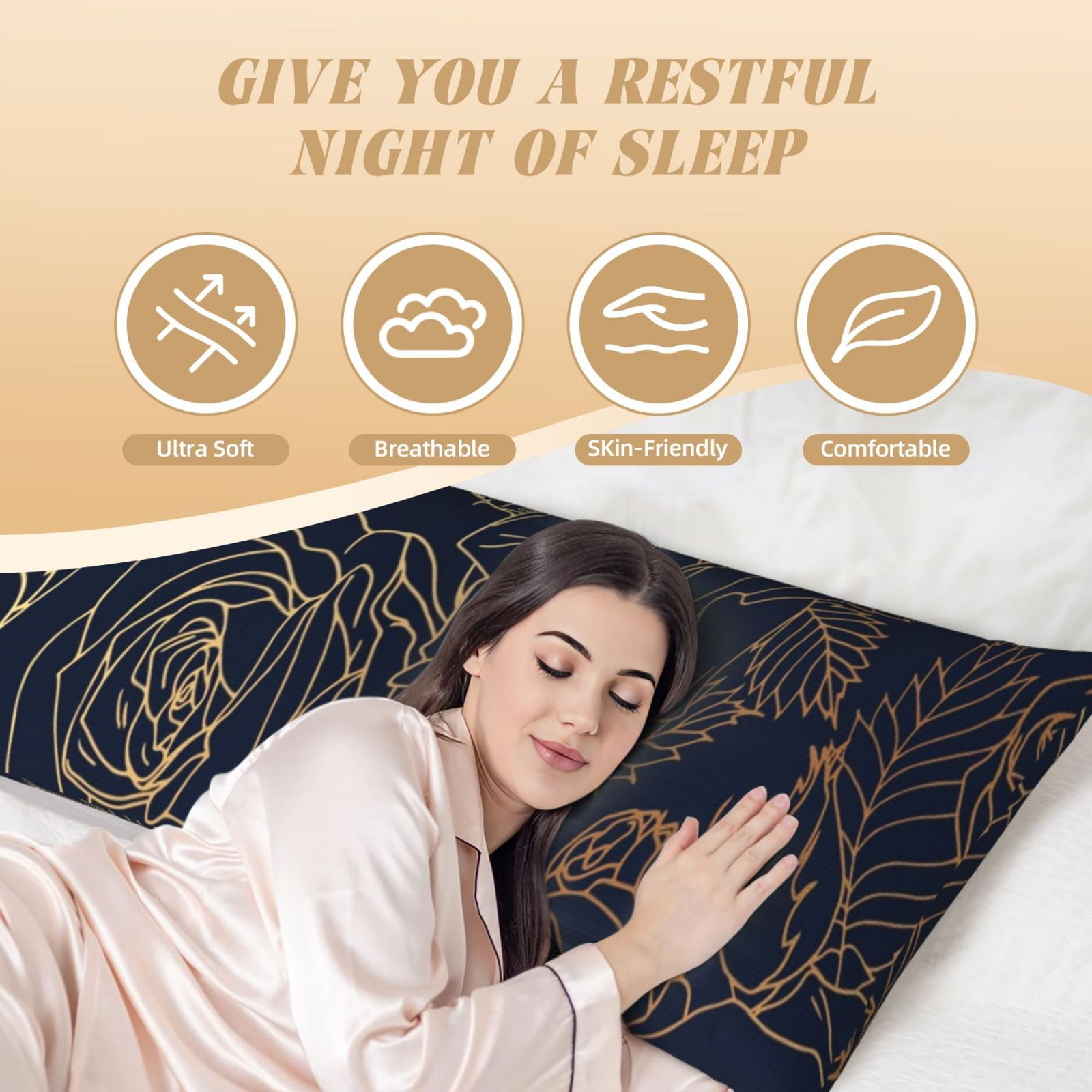 Naloa Copper-Gold Gloss Outline Rose Super Soft 20x60 Body Pillow Case,Long Side Hidden Zipper（PILLOWS ARE NOT INCLUDED）