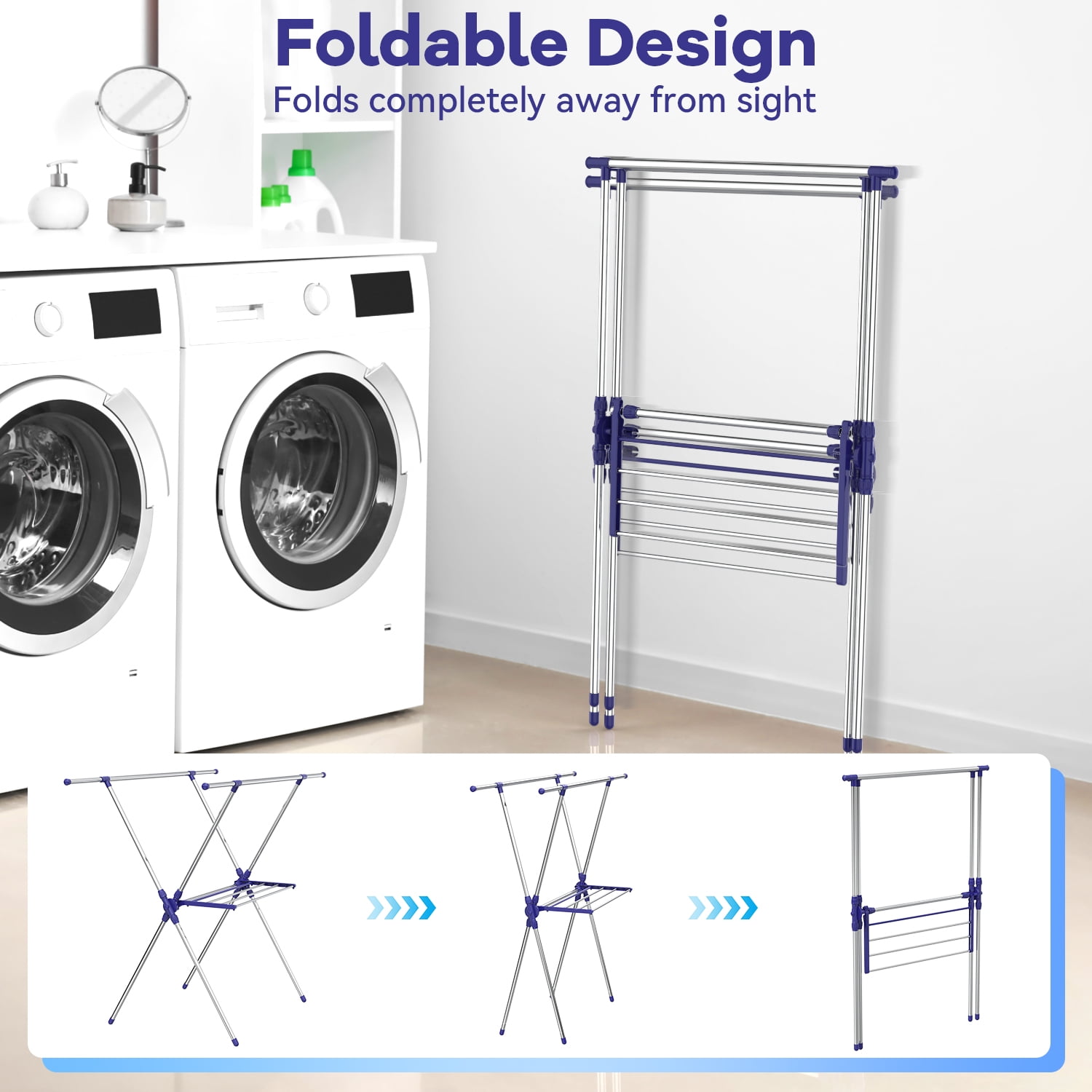 Behost Foldable Stainless Steel Clothes Drying Rack for Indoor Outdoor Laundry, 70lb Capacity, Space Saving, Tool-Free Assembly, Silver