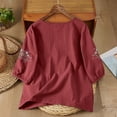 thumbnail image 6 of larppty Linen Shirts for Women Button V Neck Crewneck 3/4 Sleeve Loose Floral Solid Color Spring Casual Summer Tops（Red， XXL）, 6 of 9
