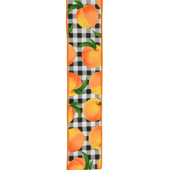 Peaches on Gingham Wired Edge Ribbon, 10 Yards (White, Black, 2.5 Inch)