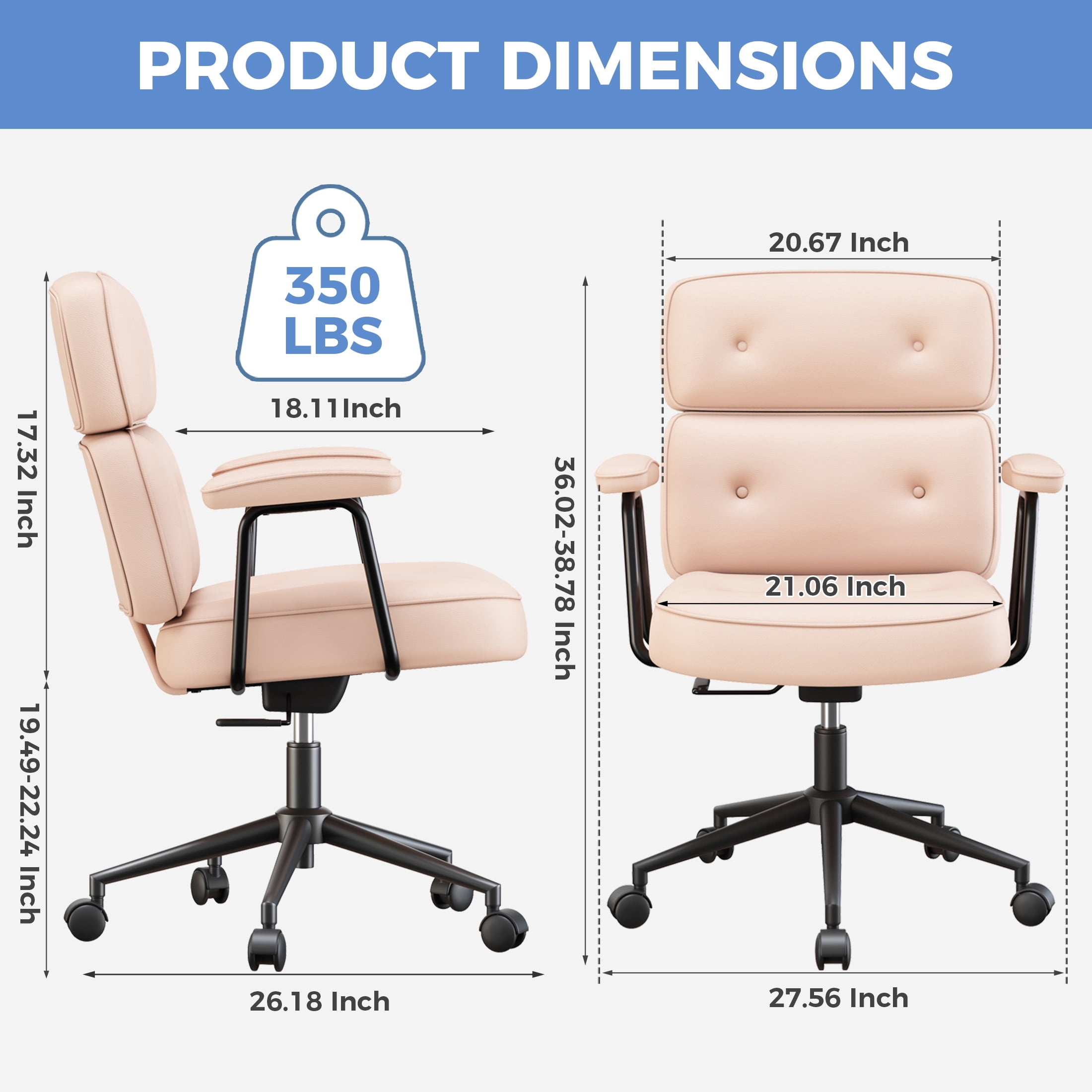 CONCETTA Ergonomic Office Chair, Soft PU Leather Adjustable Task Chair with Lumbar Support and 360° Swivel,Pink