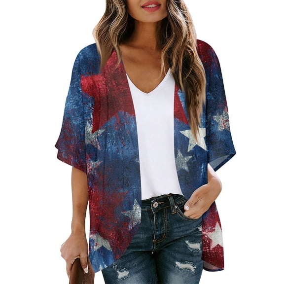 JULMCOMO 4th of July Lightweight Cardigans for Women Stars Stripes Half Sleeve Patriotic Kimono Cover Ups Summer Tops Navy XL