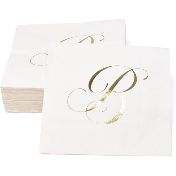 Gift Boutique Cocktail Napkins, Gold Foil Monogram Letter B, 100 Count, 2-Ply Disposable Paper, 10x10 Inch Unfolded, White & Gold Party Napkins