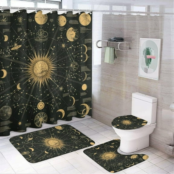 4Pcs Astrology Constellation Shower Curtain Sets with Rugs, Toilet Lid Cover and Bath Mat, Classic Zodiac Map Sun Moon Bathroom Shower Curtains Set with 12 Hooks