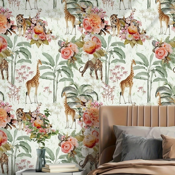 1 Roll 17.7*39.3in Self-Adhesive Wallpaper, Jungle Animal Flower Pattern Contact Paper, Peel And Stick, Waterproof Removable Living Room Kitchen Bedroom Dormitory Wallpaper, Furniture Refurbishment Wa