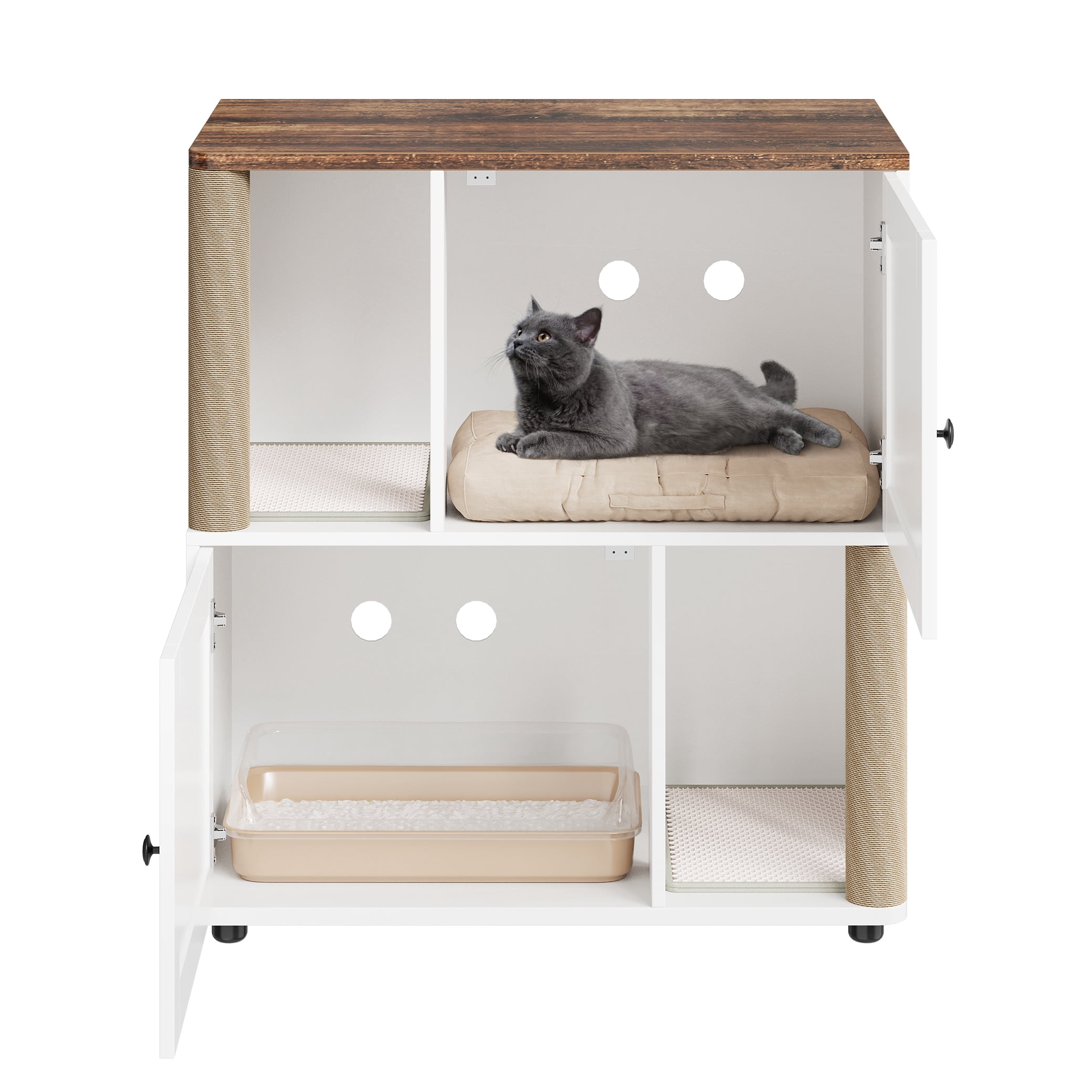 Double Layer Cat Litter Box Enclosure for 2 Cats, Hidden Litter Box Furniture with Cat Scratching Post and Board, 2 Story Wooden Cats Washroom or Bed