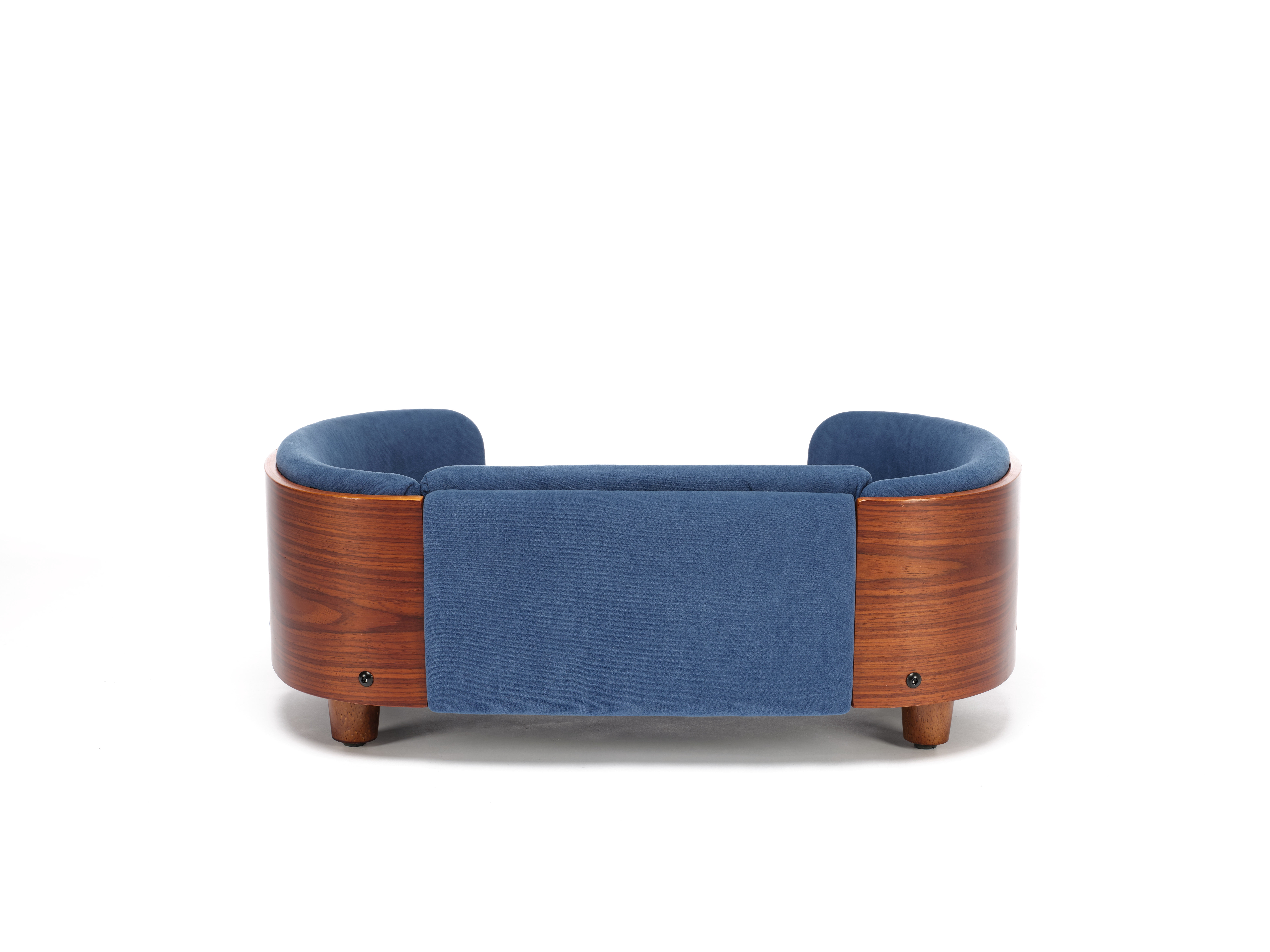Elevated Dog Bed Pet Sofa, Small Size with Solid Wood Legs & Walnut Bent Wood Back, Velvet Dark Blue Orthopedic Pet Couch