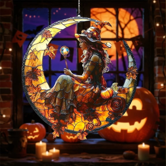 Clearance Under $0.9! 1 Pack Acrylic Autumn Witch Pumpkin Moon Window Hanging Halloween Decor