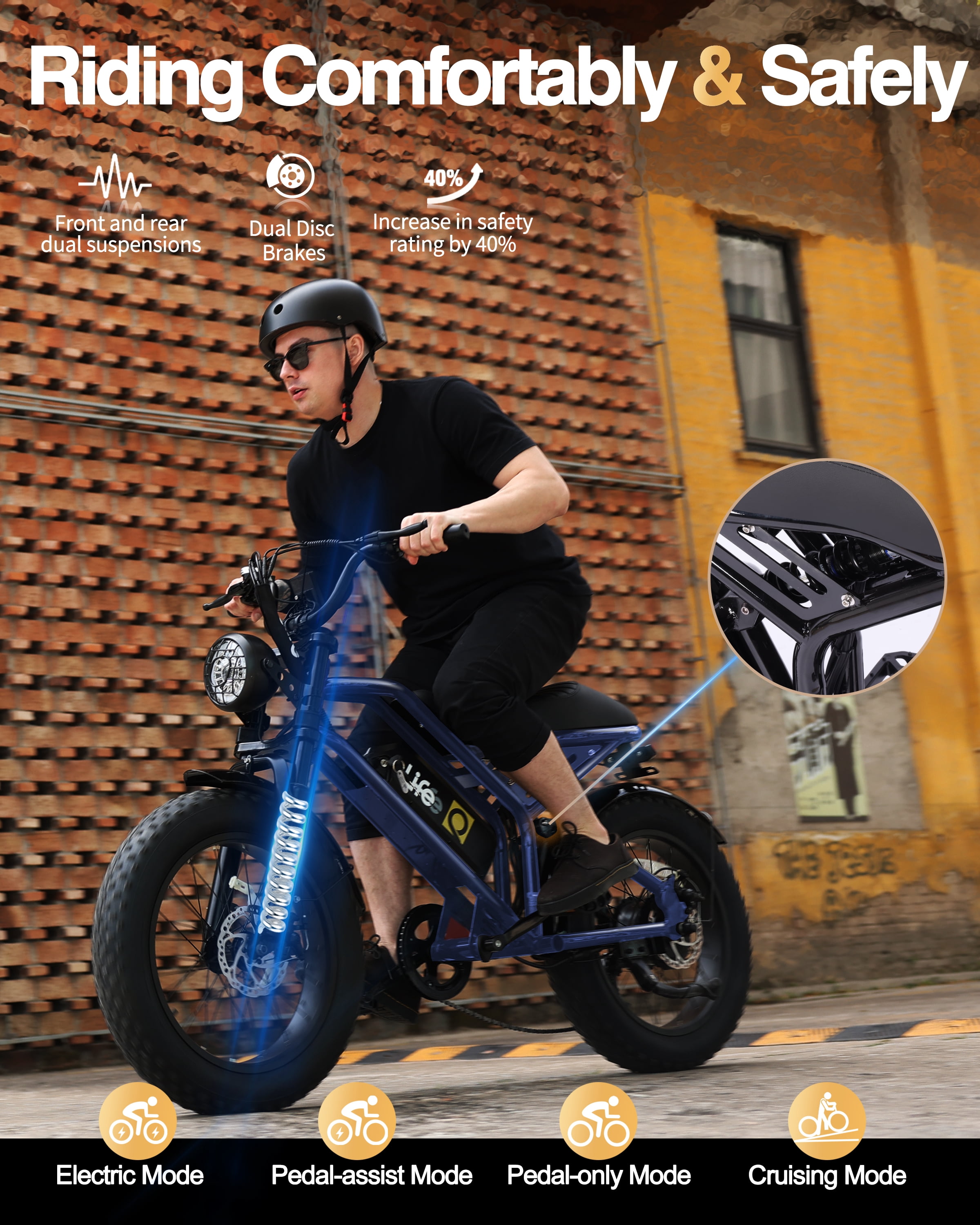 Electric Bike for Adults, 1500W Peak 28 MPH 20" Fat Tires Electric Bicycle with Dual Suspension & Brakes Motorcycle, E-Bike Blue