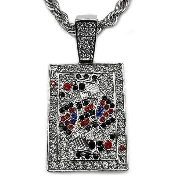 ICED SILVER PLATED CUBIC ZIRCONIA KING SPADE CARD BLING 4MM 24" ROPE CHAIN NECKLACE GIFT SET