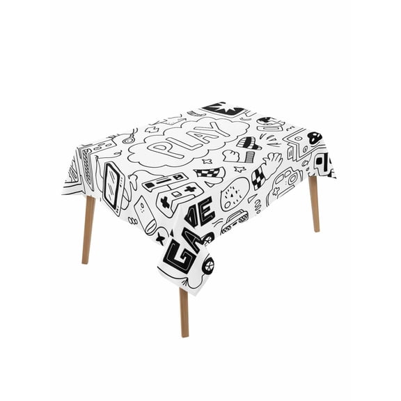 Black White Video Game Table Cloth, Console Computer Gaming Sketch Style Waterproof Tablecloth for Rectangle Tables, Reusable Washable Fabric Table Cover for Restaurant Kitchen Dining Tables 60"x84"